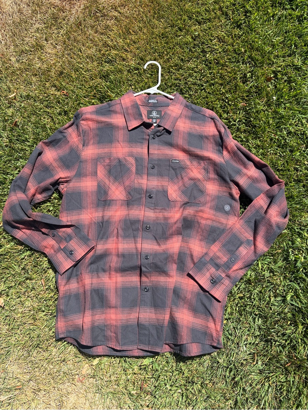 Volcom Orange/Redish and Black Plaid Long-Sleeve Button-Down Shirt